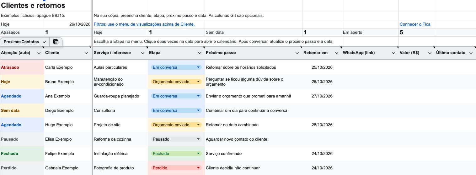 Planilha com cliente, etapa, próximo passo e data. Atrasado em vermelho, hoje em amarelo e agendado em azul.