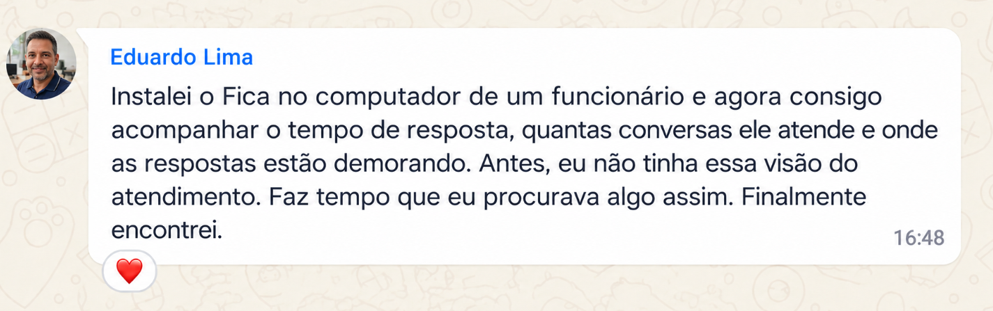Exemplo: Eduardo Lima. Instalei o Fica no computador de um funcionário e agora consigo acompanhar o tempo de resposta, quantas conversas ele atende e onde as respostas estão demorando. Antes, eu não tinha essa visão do atendimento. Faz tempo que eu procurava algo assim. Finalmente encontrei.